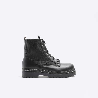 Black Leather Lace Up Boots River Island