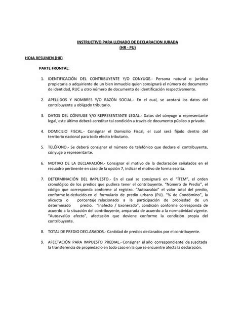 PDF INSTRUCTIVO PARA LLENADO DE DECLARACION JURADA Muniyanahuara Gob