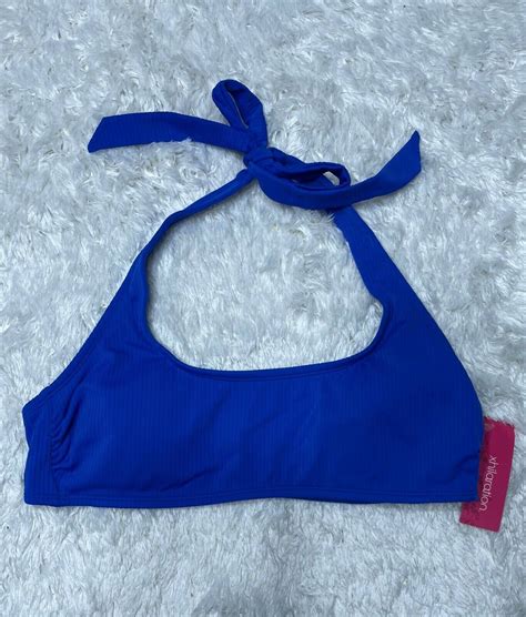 Xhilaration Womens Bikini Top Ribbed Halter Bralette Blue Size L 8 10