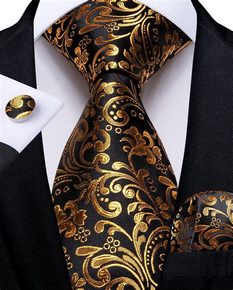 Black Gold Floral Silk Tie Pocket Square Cufflink Set Etsy