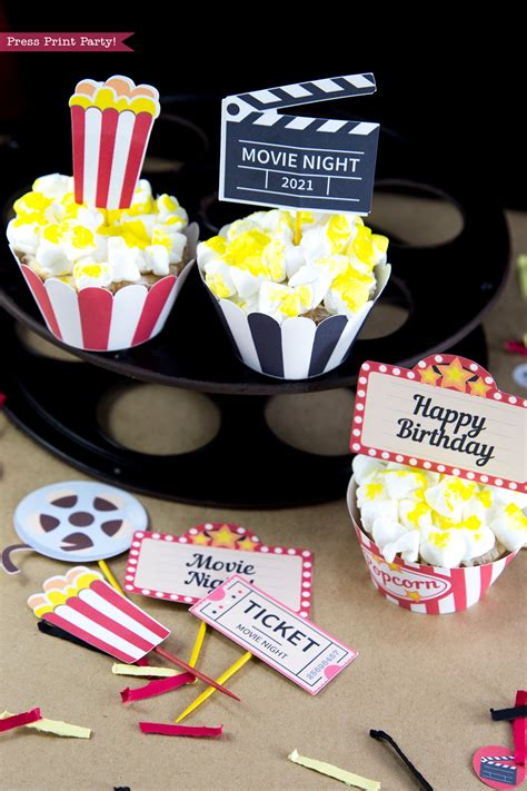 Movie Night Cupcake Toppers And Wrappers Printables Popcorn Etsy