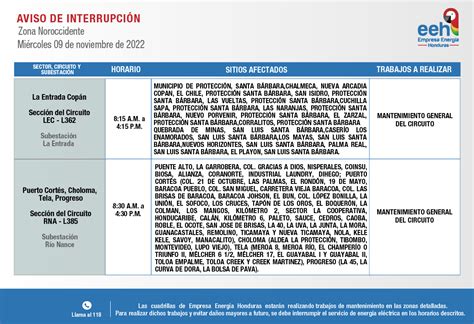 EEH anuncia cortes de energía para este miércoles 09 de noviembre