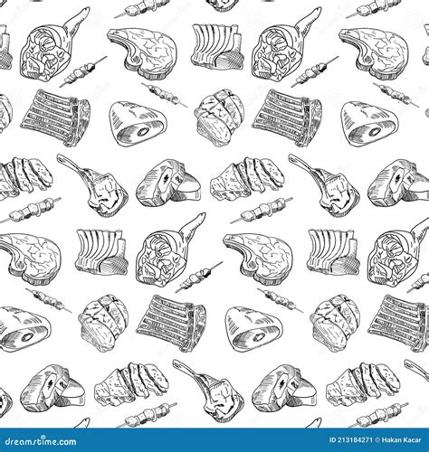 Hand Drawn Meat Steak Beef And Pork Lamb Seamless Pattern Vector