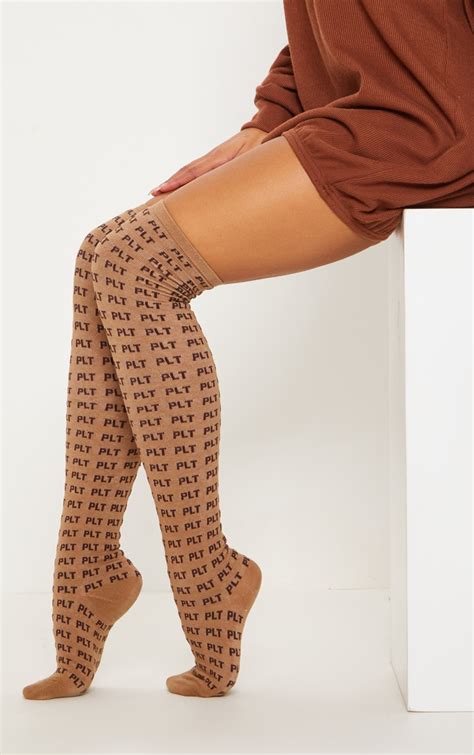 Plt Logo Brown Knee Length Socks Prettylittlething Usa