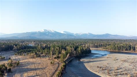 Vista aérea do rio da montanha na floresta de taiga no início da