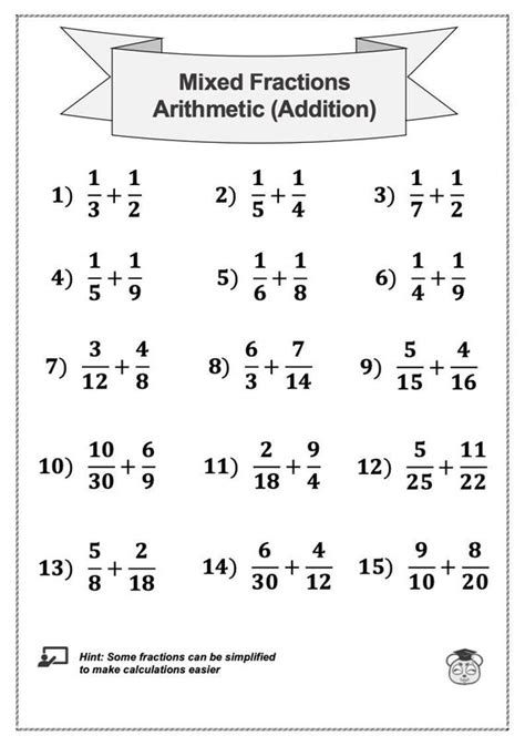 4 Printable Mixed Fraction Arithmetic Math Worksheet Addition