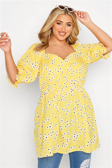 Plus Size Yellow Daisy Print Sweetheart Puff Sleeve Top Yours Clothing