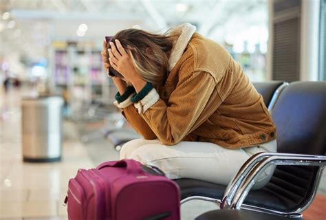 Premium Photo Upset Woman Airport And Flight Delay Sitting On Bench