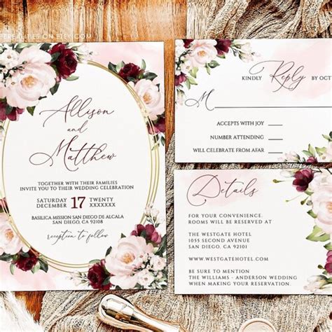 Editable Burgundy Blush Wedding Invitation Template Set Etsy