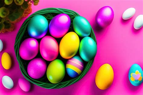 Premium AI Image Colorful Easter Eggs In Nest And Flowers On Pink