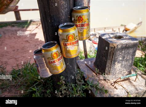 Three empty aluminum Ganzberg beer cans along with an Angkor Beer can hang on a post at a home ...