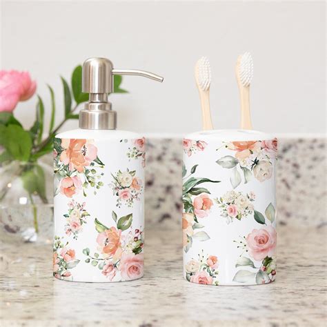 Toothbrush Holder & Soap Dispenser Set Blush Pink Peach Coral Watercol | Sweet Blooms Design Co