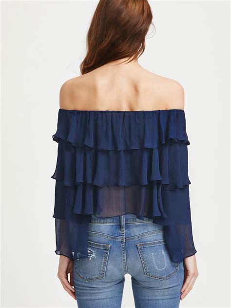 Semi Sheer Layered Frill Bardot Top Shein Sheinside