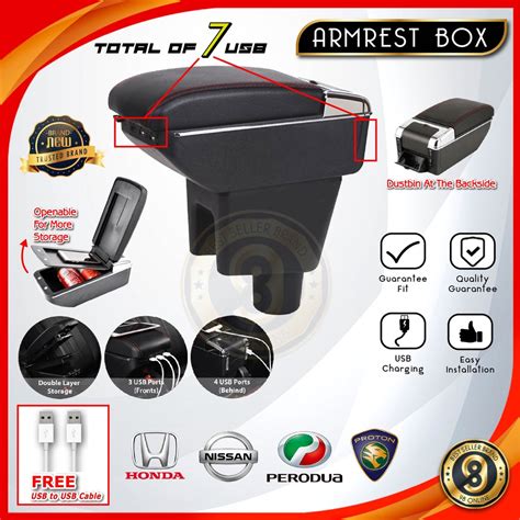 Double 2 Layer 7 USB Car Arm Rest Armrest Console Box Perodua Myvi Axia