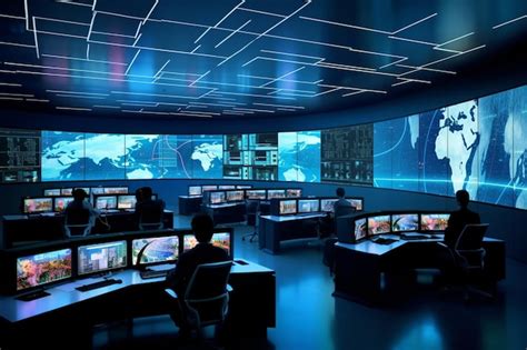 Premium AI Image Modern Control Room With Multiple Screens Displaying