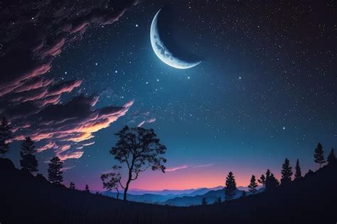 Premium Photo A Beautiful Clear Night Sky With A Crescent Moon And