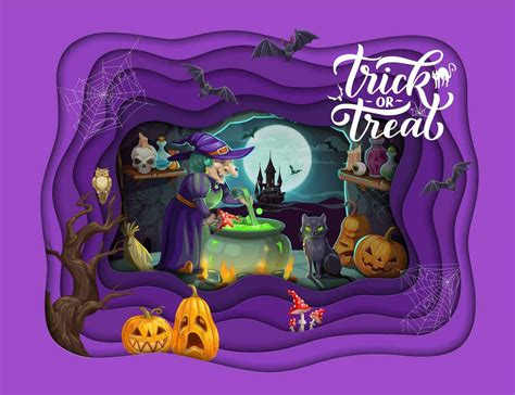 Halloween paper cut banner, cartoon witch in cave 26167760 Vector Art ...