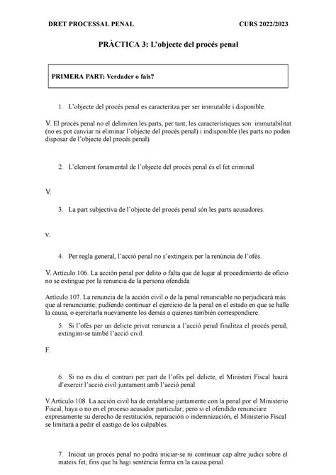 Activitat Pràctica 3 DRET PROCESSAL PENAL CURS 2022 PRÀCTICA 3 L