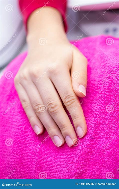 Women`s Hand On Pink Towel In Nail Salon Stock Photo Image Of Acrylic