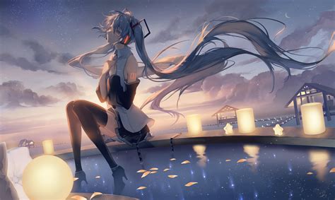 Wallpaper Hatsune Miku Vocaloid Long Hair Twintails Windy Stars