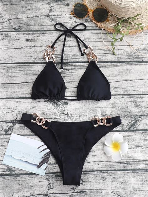 Ba Ador Bikini Con Tanga Tri Ngulo Vinculado Con Cadena Micro Negro