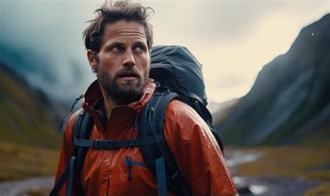 Autumn Hike On Mountain Portrait Of Handsome Bearded Nordic Man With