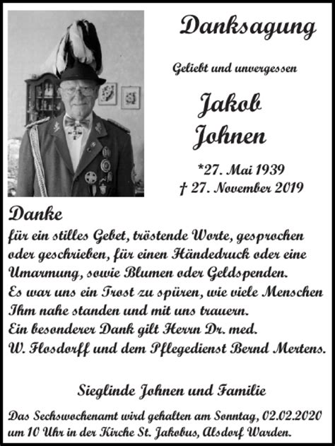 Traueranzeigen Von Danksagung Jakob Johnen Aachen Gedenkt