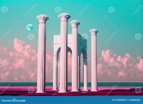 Vaporwave Landscape With Abstract Building With Pillars 80s Styled