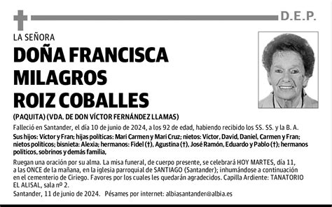 Do A Francisca Milagros Roiz Coballes Esquela El Diario Monta S