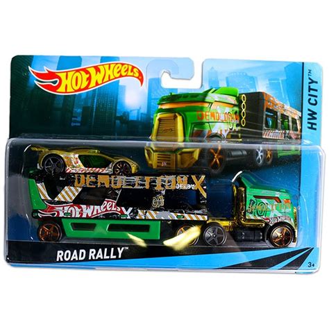 Hot Wheels City Road Rally két szintes autószállító kamion versenyautóval Gyerekajándék