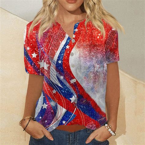 Dengdeng 4th Of July T Shirts For Women Plus Size Henley V Neck Casual Usa Flag Print Patriotic