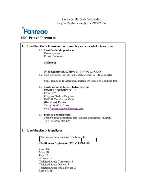 Dicromato De Potasio Panreac Ficha De Datos De Seguridad Según