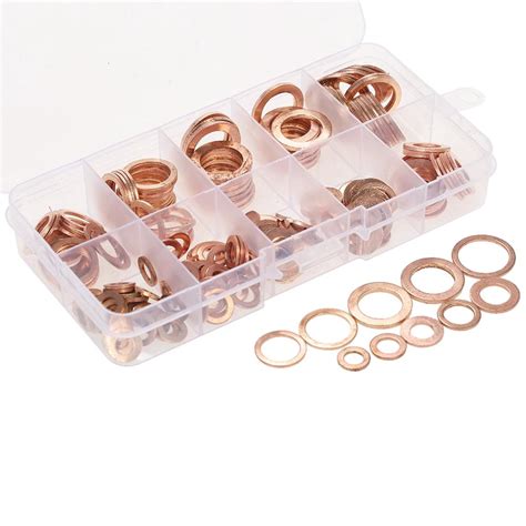 200PCS M5 M14 Copper Washers Gasket Set Flat Ring Seal Assortment Kit