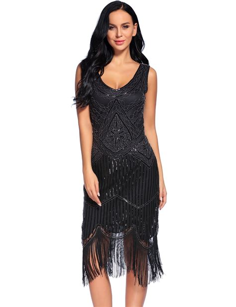 Plus Size 1920s Vintage Fringed Gatsby Sequin Beaded Tassels Hem Flapper Dress For Women