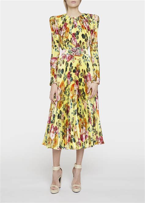 Buy Andrew Gn Floral Print Satin Plisse Belted Midi Dress Yellow At