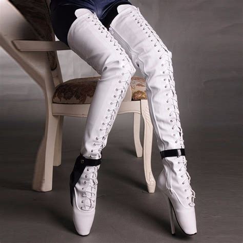 18cm High Heel Thigh High Boots Women Zip Lace Up Ballet Heels Black