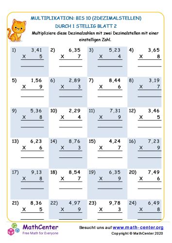 Multiplikation Bis Dezimalstellen Mit Stelligen Blatt