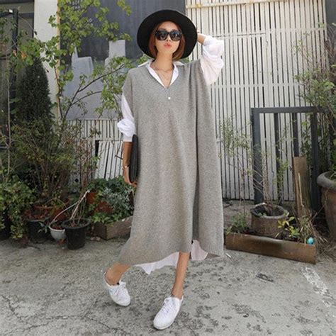 Cheap Autumn Winter V Neck Loose Sweater Dress Women Oversize Long