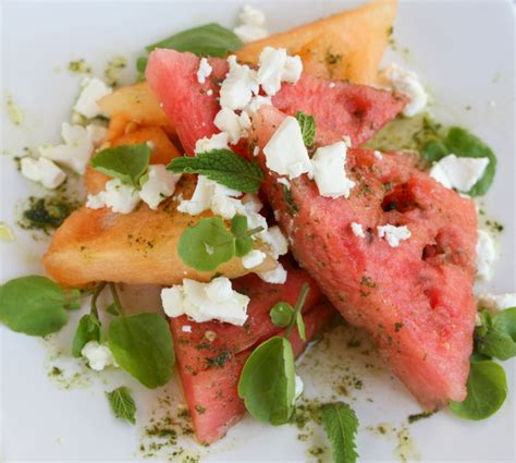 Watermelon Salad With Goats Cheese Cress Mint And Vodka Drizzle And Dip