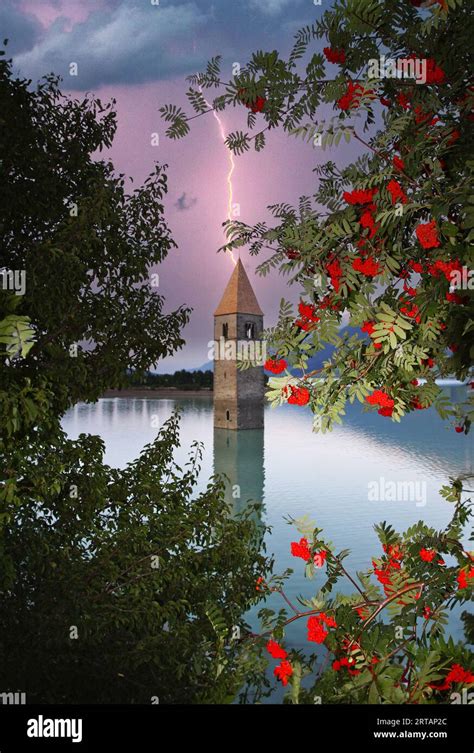 The Bell Tower In Lake Resia Trentino Alto Adige Italy Stock Photo Alamy