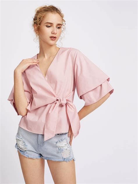 Layered Sleeve Bow Front Surplice Wrap Top Shein Sheinside