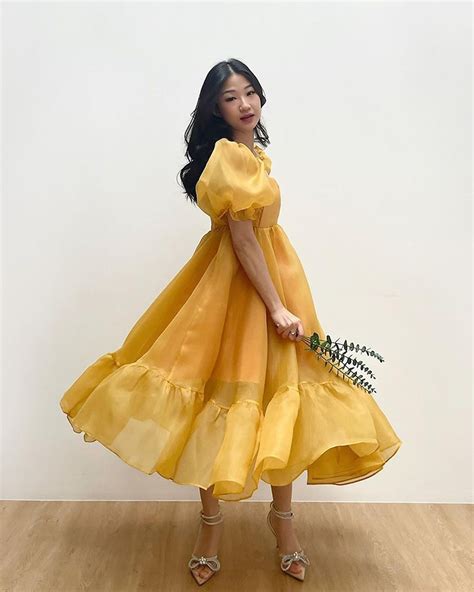 Honey Yellow Puff Sleeves Cinderella Dress Princess Organza Dress