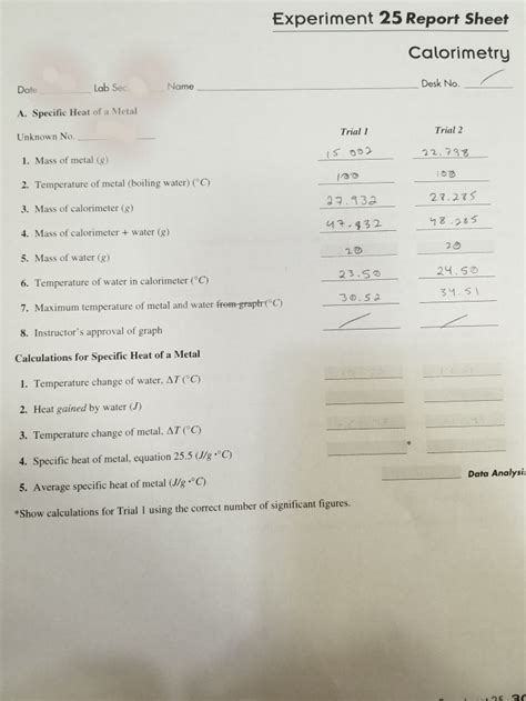 Solved Experiment Report Sheet Calorimetry Lab Sec Name Chegg