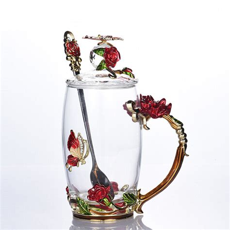 Enamel Butterfly Flower Lead Free Glass Coffee Mug Flower Tea Cups With