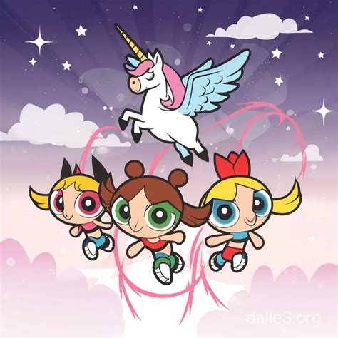 The Powerpuff Girls Soaring With A Majestic Unicorn Dalle3 Ai