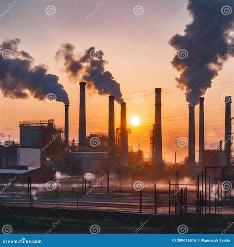 Nighttime Factory Pollution Smoke Billows From The Chimney Stock Photo