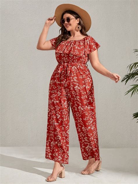 Shein Frenchy Plus Ditsy Floral Ruffle Trim Belted Jumpsuit Shein Usa