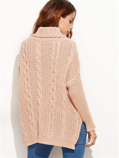 Pink Cable Knit Turtleneck High Low Sweater SheIn Sheinside