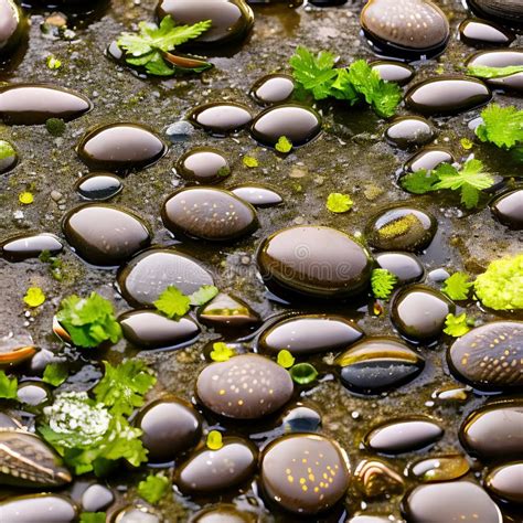 A Slimy And Slippery Texture With Wet Stones And Slimy Snails3 Generative Ai Stock Illustration