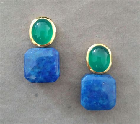 Natural Lapislazuli Octagon Shape Green Onyx Oval Cabs Yellow Gold Stud